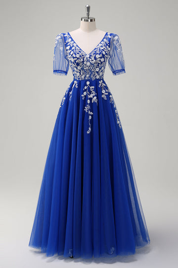 Sparkly Royal Blue A-Line V Neck Appliques Tulle Long Formal Dress with Short Sleeves
